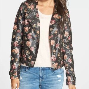 Women’s JouJou Brown Leather Jacket with Floral Print Size Medium
